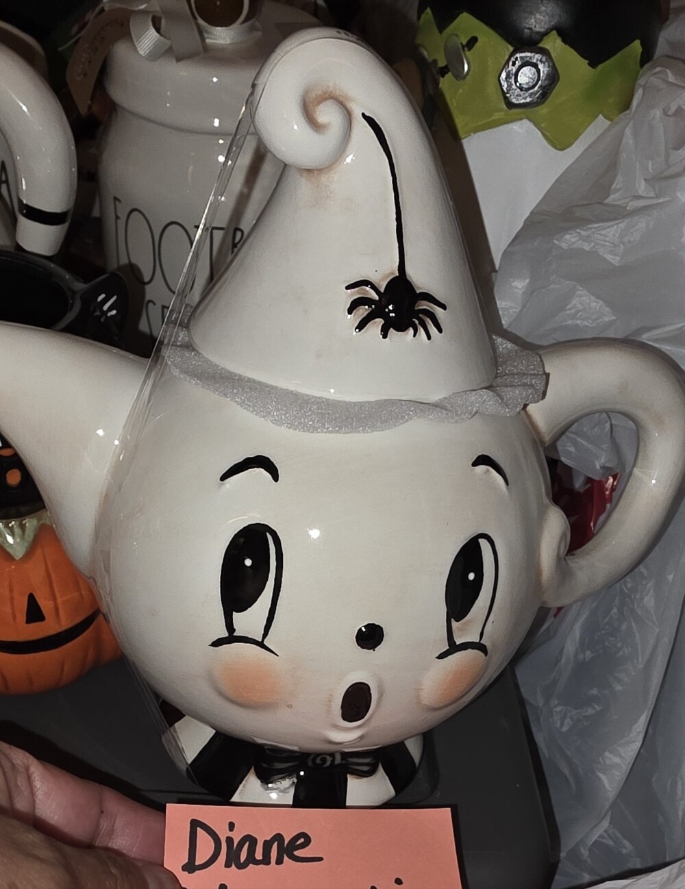 Johanna Parker White Ceramic Ghost Teapot with Painted Spider Accent